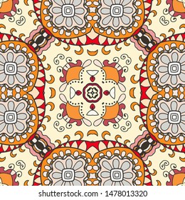 Colorful seamless pattern, abstract graphic background with repeating texture. Hand drawn ethnic mandala ornament for textile fabric or paper print. Decorative design for scarf, shawl, hijab