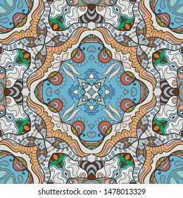 Colorful seamless pattern, abstract graphic background with repeating texture. Hand drawn ethnic mandala ornament for textile fabric or paper print. Decorative design for scarf, shawl, hijab