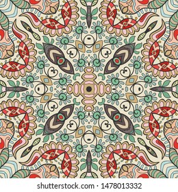 Colorful seamless pattern, abstract graphic background with repeating texture. Hand drawn ethnic mandala ornament for textile fabric or paper print. Decorative design for scarf, shawl, hijab