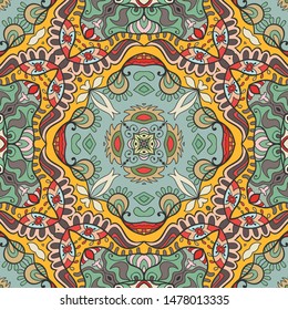 Colorful seamless pattern, abstract graphic background with repeating texture. Hand drawn ethnic mandala ornament for textile fabric or paper print. Decorative design for scarf, shawl, hijab
