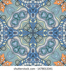 Colorful seamless pattern, abstract graphic background with repeating texture. Hand drawn ethnic mandala ornament for textile fabric or paper print. Decorative design for scarf, shawl, hijab