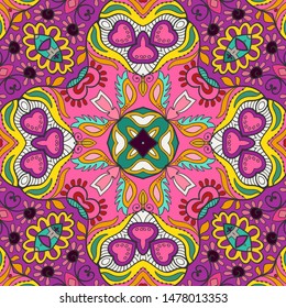 Colorful seamless pattern, abstract graphic background with repeating texture. Hand drawn ethnic mandala ornament for textile fabric or paper print. Decorative design for scarf, shawl, hijab