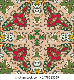 Colorful seamless pattern, abstract graphic background with repeating texture. Hand drawn ethnic mandala ornament for textile fabric or paper print. Decorative design for scarf, shawl, hijab
