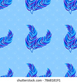 Colorful seamless pattern of abstract leaves on a blue background. Simple flat vector illustration. For the design of paper wallpaper, fabric, wrapping paper, covers, web sites.