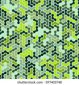 Colorful seamless pattern abstract maze. Shades of green and brown. Woodland Camouflage. Design element. Vector graphics.