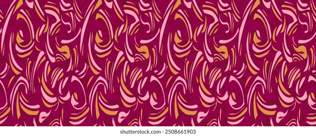 Colorful seamless pattern with abstract organic shapes on a burgundy background. Vector hand drawn curved shape and wavy lines. Contemporary print. Plain geometric ornament