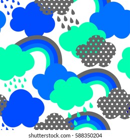 colorful seamless pattern. Abstract repeated background. Childish wallpaper with clouds, rainbow, dots.