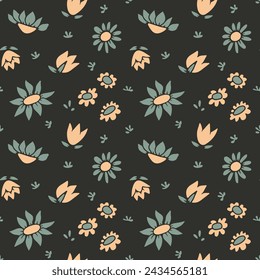 Colorful seamless pattern with abstract retro wildflowers on black background. Vintage floral digital paper