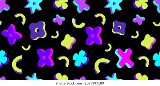 Colorful seamless pattern with abstract retro shapes, including flowers,crescents, geometric elements on a black background. Perfect for textiles, print,web, wallpapers,modern design projects. Vector