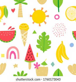 Colorful seamless pattern. Abstract set: summer  with decorative abstract elements, fruits, rainbows and symbols of summer. Hand-drawn illustration.