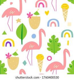 Colorful seamless pattern. Abstract set: summer  with decorative abstract elements, fruits, rainbows and symbols of summer. Vector illustration.