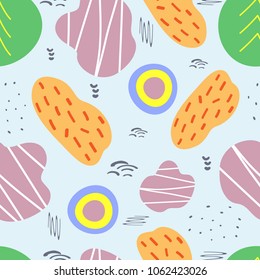 Colorful seamless pattern with abstract shapes. Drawn by hand, sketch, doodle. Endless trendy print. Modern vector illustration.