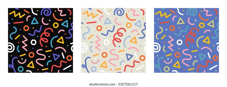 Colorful seamless pattern with abstract colorful shapes. Modern vector seamless pattern of doodle lines. Creative collection upbeat childish drawing scribble.