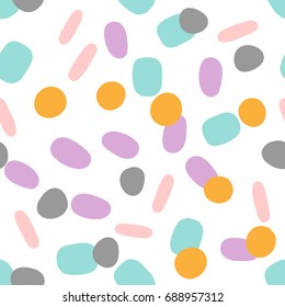 Colorful seamless pattern with abstract shapes. Bright summer pattern for children. White, pink, blue, orange, purple, dark gray colour. Vector illustration.