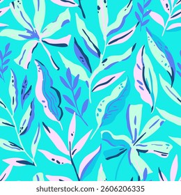 Colorful seamless pattern with abstract tropical leaves in trendy style