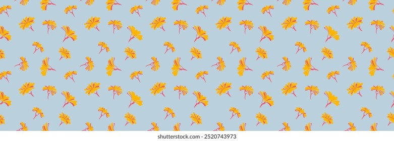 Colorful seamless pattern with abstract unique flowers buds. Minimalist stylized floral printing on a blue background. Summer plain ornament. Vector hand drawn.