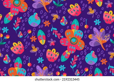 Colorful seamless pattern with abstract  whimsical flowers. Сan be used for fabric printing, phone cases, personal design, wrapping paper, create your own unique design.