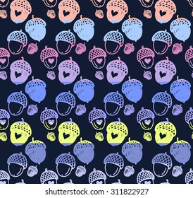 Colorful seamless pattern with acorn fall forest wedding elements separated by color stripes on dark background.