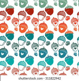 Colorful seamless pattern with acorn fall forest wedding elements separated by color stripes on white background.