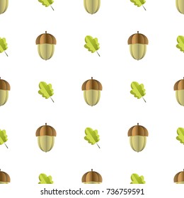 Colorful seamless pattern of acorn and leaves cut out of paper. Vector forest illustration on white background. Simple cartoon flat style. The best for design textile fabric paper, wallpaper, kids.