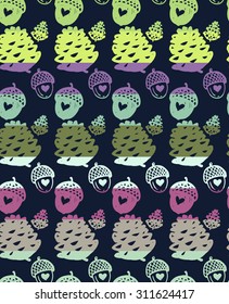 Colorful seamless pattern with acorn and pine cone fall forest wedding elements separated by color stripes on dark background.
