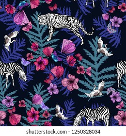 colorido patrón transparente con animales africanos de fondo oscuro, diseño para texturas textiles, vectorial 