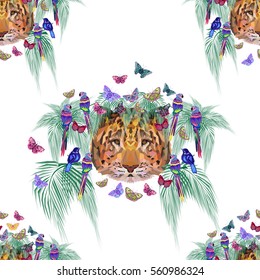 Colorful seamless pattern, african tigers, butterflies, palm leaves and birds