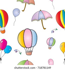 Colorful seamless pattern of air balloon, pastel color umbrella, and little flowers in the sky and wind, cute vector and illustration concept 