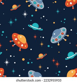 Colorful seamless pattern with alien spaceship, ufo, galaxy background, stars, saturn, planet in flat style. Endless childish cosmos texture, background.  Vector illustration.