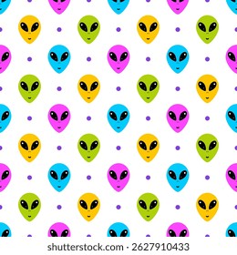 Colorful seamless pattern with aliens and dots on white background. World UFO day. Seamless texture for print, textile, fabric