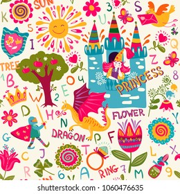 Colorful seamless pattern with alphabet, numbers and painted funny characters. Children vector background for learning the alphabet and numbers, fabric, print, cards, web, cover