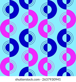 Colorful seamless pattern with alternating blue and pink circular elements on a cyan background. Perfect for modern fashion textiles, digital printing, and surface pattern design.