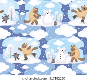 Colorful seamless pattern with an amusing cat and mouse. Fun children's background in cartoon style. 