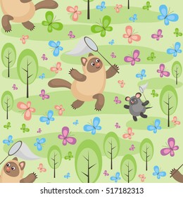 Colorful seamless pattern with an amusing cat and mouse. Fun children's background in cartoon style. 