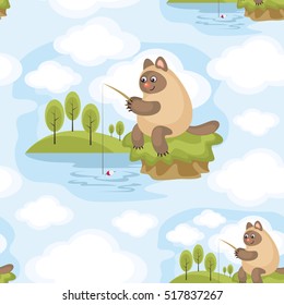 Colorful seamless pattern with an amusing cat. Fishing on the shore. Fun children's background in cartoon style