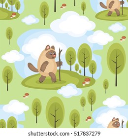 Colorful seamless pattern with an amusing cat. Mushroom hunting. Fun children's background in cartoon style