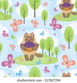 Colorful seamless pattern with an amusing cat. Harvest. Fun children's background in cartoon style