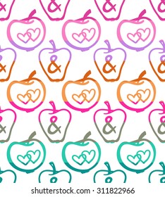 Colorful seamless pattern with apples fall forest wedding elements separated by color stripes on white background.