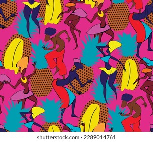 Colorful seamless pattern with application dancing african people and pineapple for your design