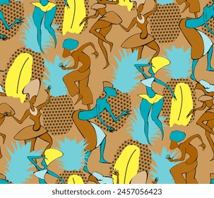 Colorful seamless pattern with application dancing african people and pineapple for your design