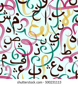 Colorful seamless pattern with Arabic calligraphy. Design concept for muslim community festival Eid Al Fitr(Eid Mubarak)(Translation: thank god)