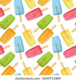 Padrão colorido sem emenda de picolé sortido em vermelho, azul, verde, amarelo e laranja no fundo branco. Perfeito para o tema de verão, embalagem de alimentos e design de sobremesa doce.