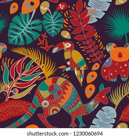 Colorful seamless pattern with australian animals. Decorative nature backdrop. Animals and tropical plants background