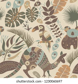 Colorful seamless pattern with australian animals. Decorative aboriginal backdrop. Animals and plants