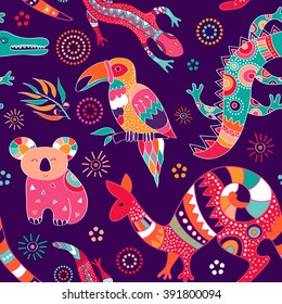 Colorful seamless pattern with australian animals. Aboriginal zoo pattern. Design for fabric, web, textile, curtains, wrapping paper, cover, carpet 