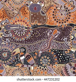 Colorful seamless pattern with australian animals. Decorative aboriginal backdrop