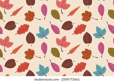 Colorful seamless pattern in autumn: colors and cartoon style. Falling leaves repeatable design for fashion and print