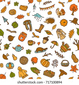 colorful seamless pattern with autumn fall thanksgiving cute doodle decoration elements 