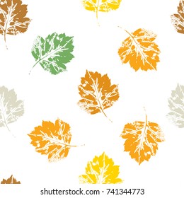 Colorful seamless pattern of autumn, fall howthorn leaves, hand made ink print, stamp, vector illustration on white background. Hand printed grunge seamless pattern of colorful autumn leaves