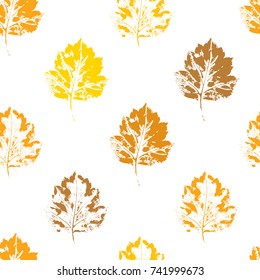 Colorful seamless pattern of autumn, fall howthorn leaves, hand made ink print, stamp, vector illustration on white background. Hand printed grunge, silhouette seamless pattern of autumn leaves